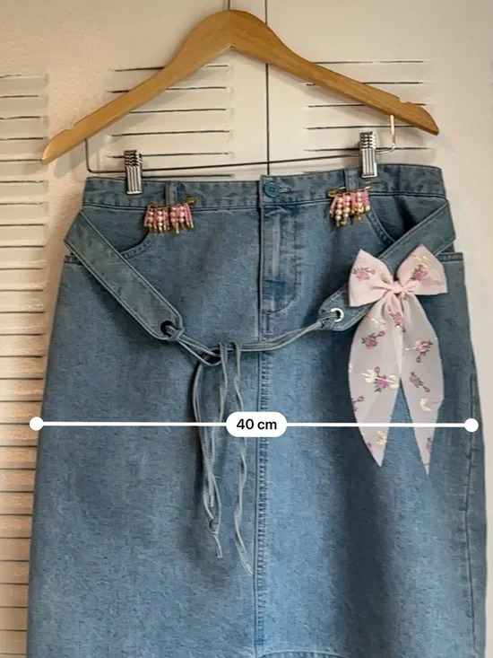 Upcycled Denim Mini Skirt Size 10 – Handmade Charm Details & Floral Bow🌸 - Picture 11 of 12